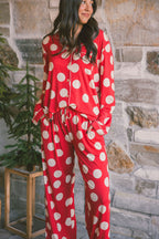 Button Up Long Sleeve Pants Set | Large Red Polka Dot