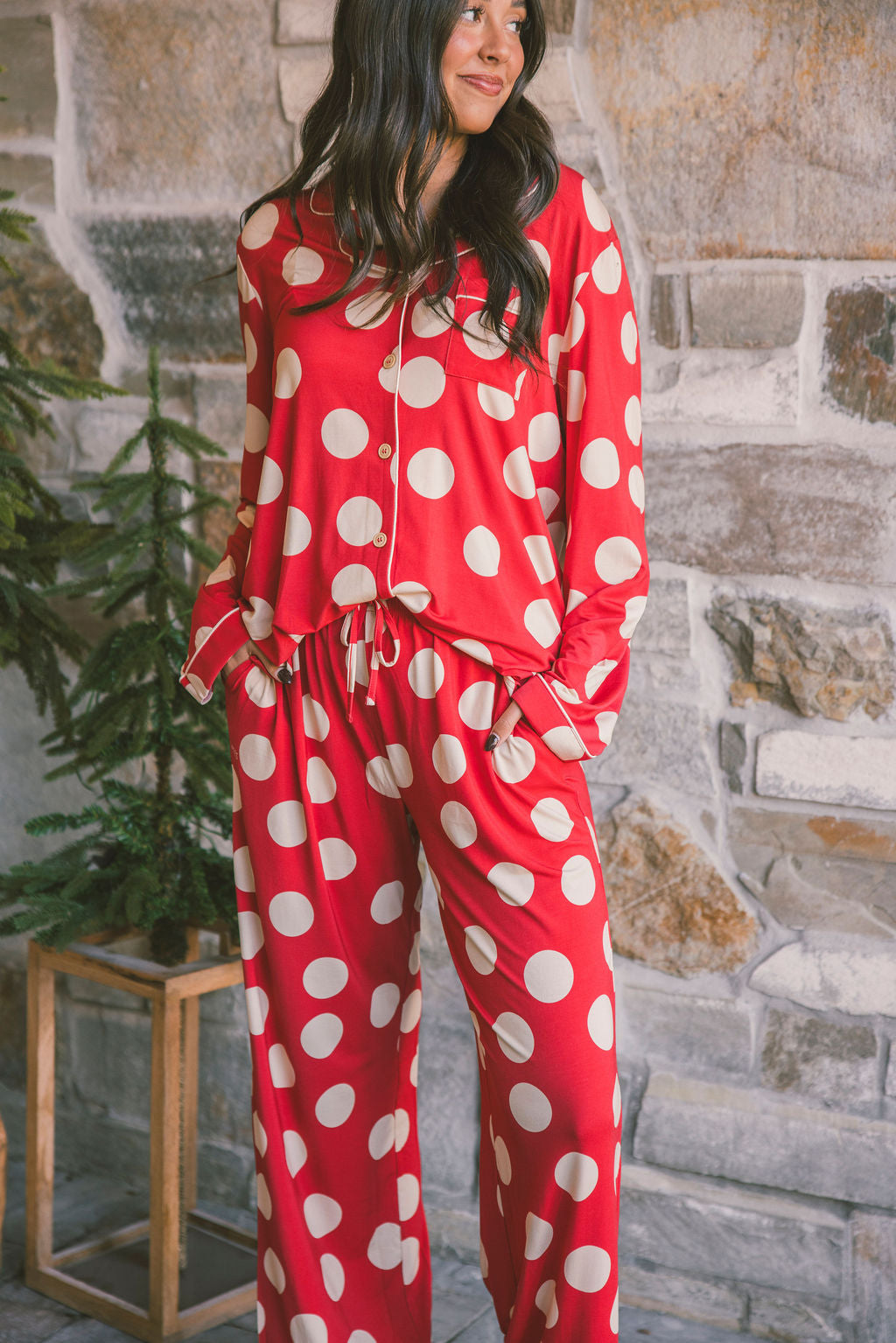 Button Up Long Sleeve Pants Set - Large Red Polka Dot