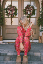 Classic Jogger Pajama Set Long Sleeve | Red Christmas Floral Berries