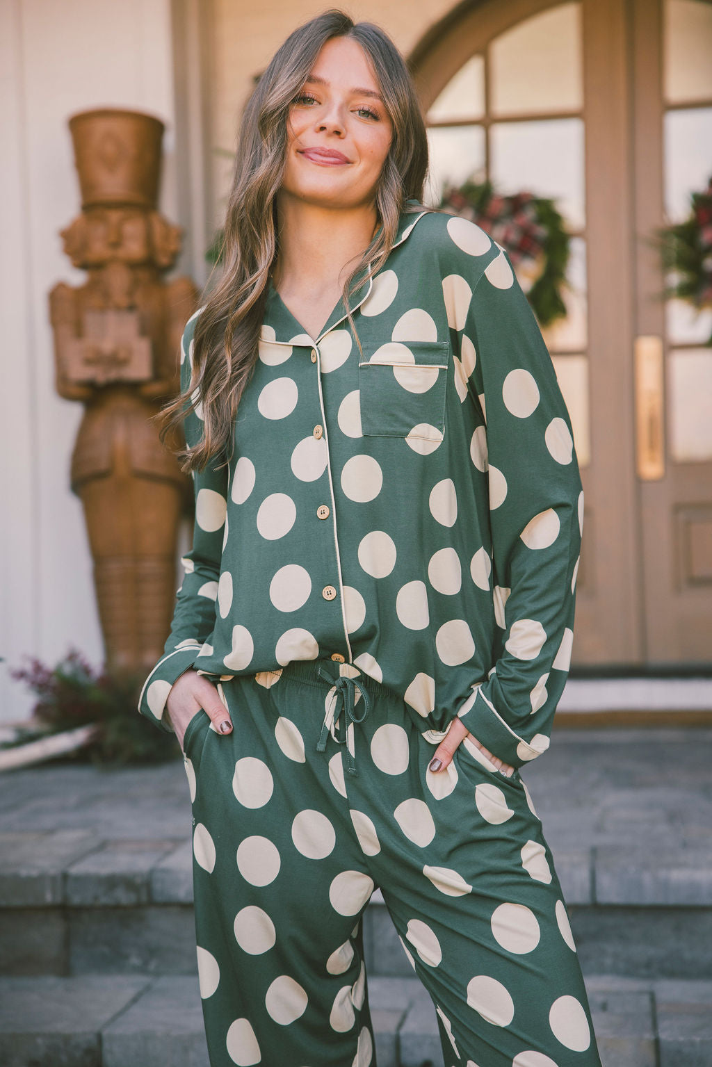 Button Up Long Sleeve Pants Set | Green and Cream Large Dot