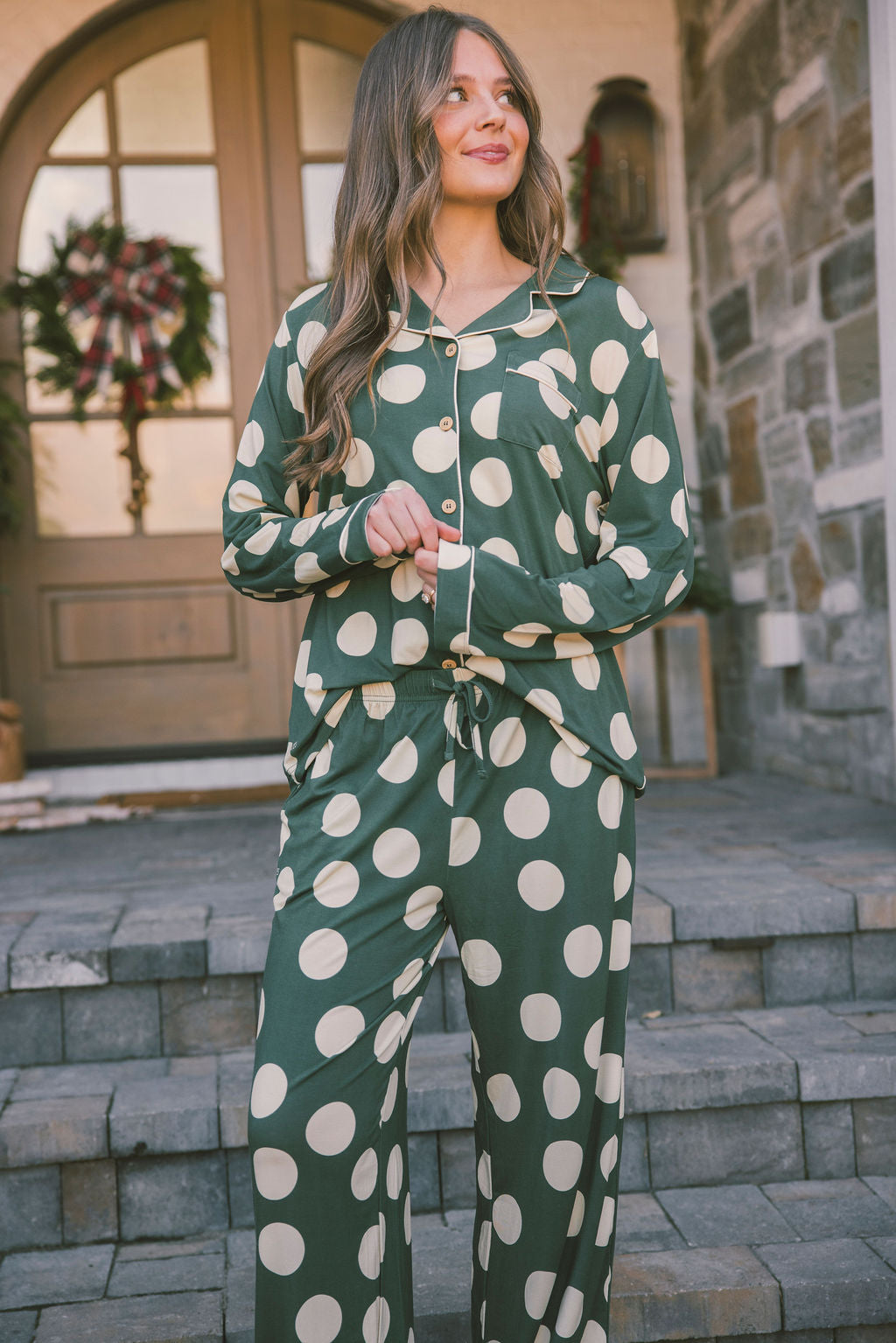 Button Up Long Sleeve Pants Set - Green and Cream Large Dot