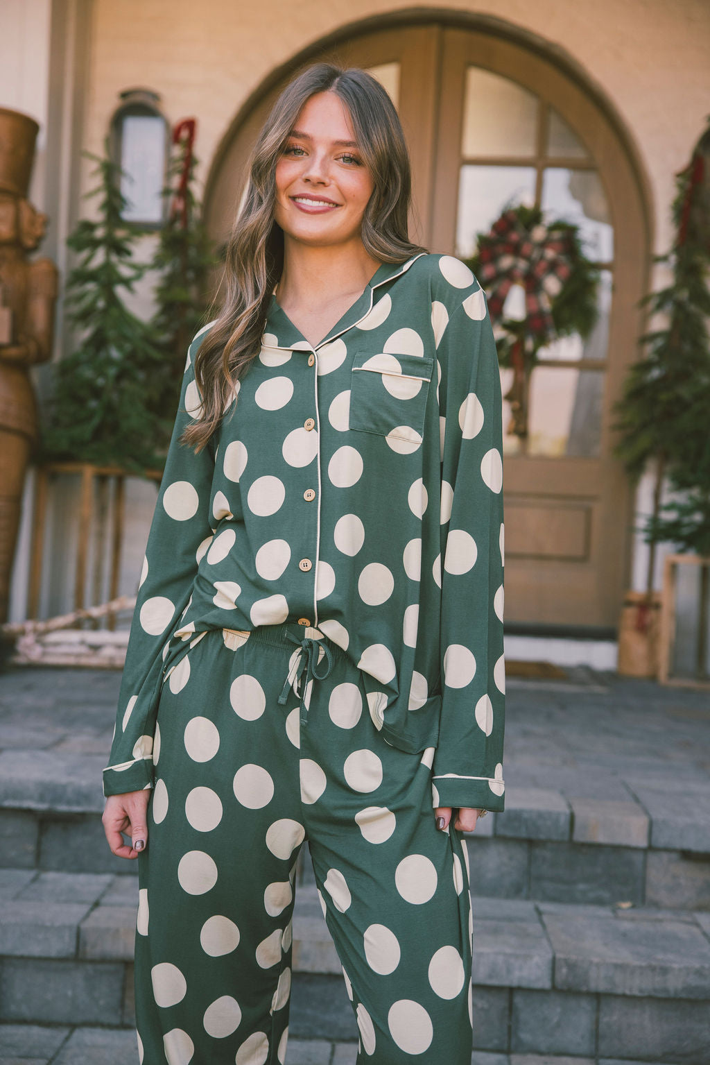 Button Up Long Sleeve Pants Set - Green and Cream Large Dot