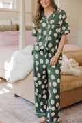 Button Up Short Sleeve Pants Set - Green and Cream Large Dot
