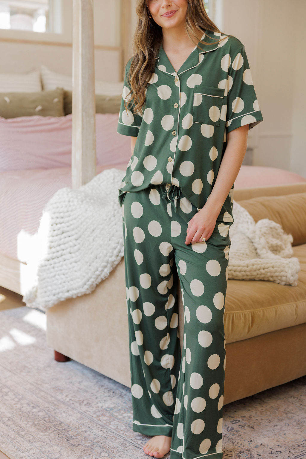 Button Up Short Sleeve Pants Set - Green and Cream Large Dot
