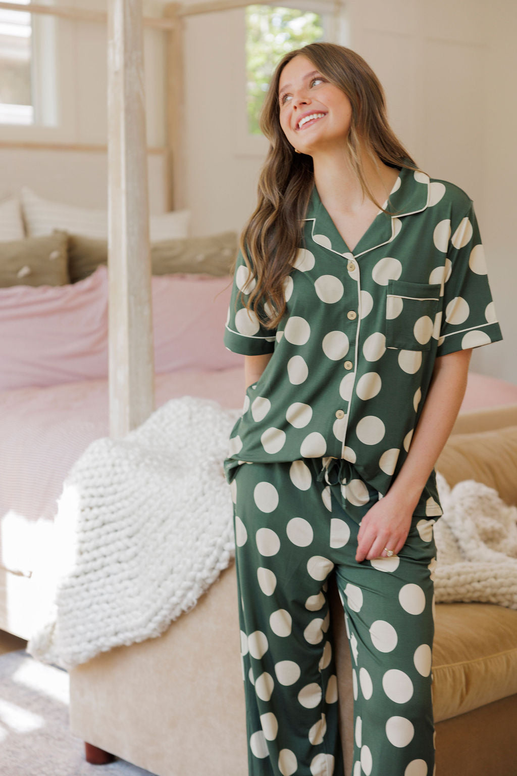 Button Up Short Sleeve Pants Set - Green and Cream Large Dot