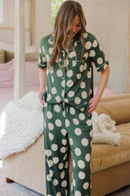 Button Up Short Sleeve Pants Set | Green and Cream Large Dot