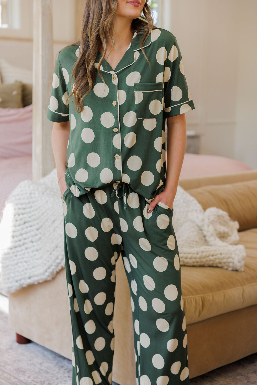 Button Up Short Sleeve Pants Set - Green and Cream Large Dot