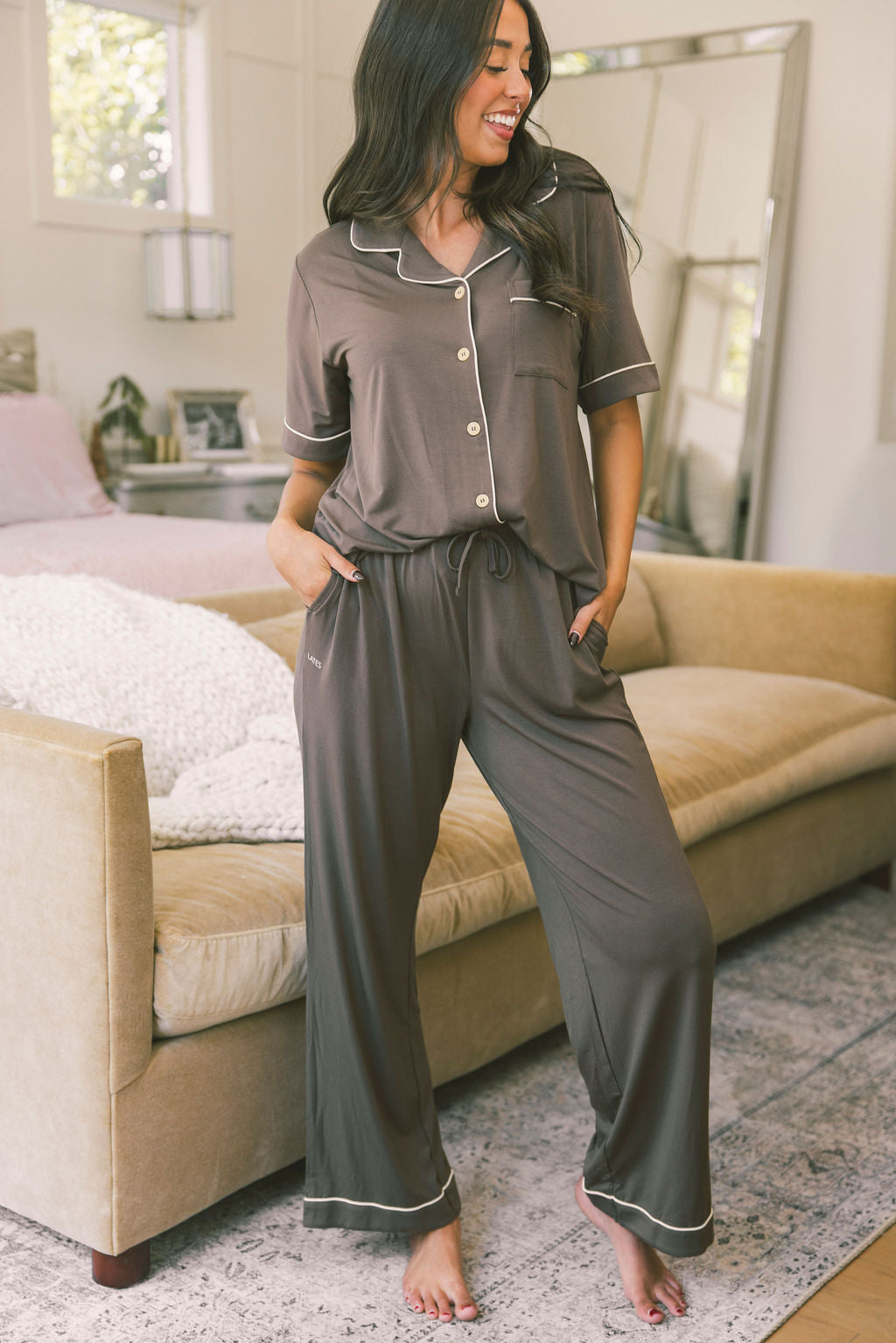 Button Up Short Sleeve Pants Set - Chocolate