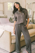 Button Up Short Sleeve Pants Set - Chocolate