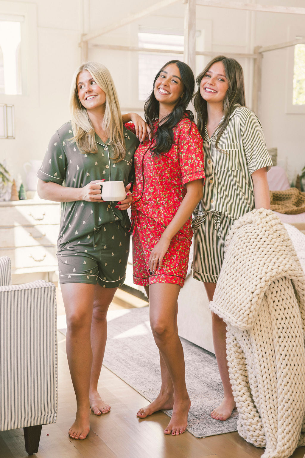 Button-up Shorts Set Modal - Green & Cream Vertical Stripe