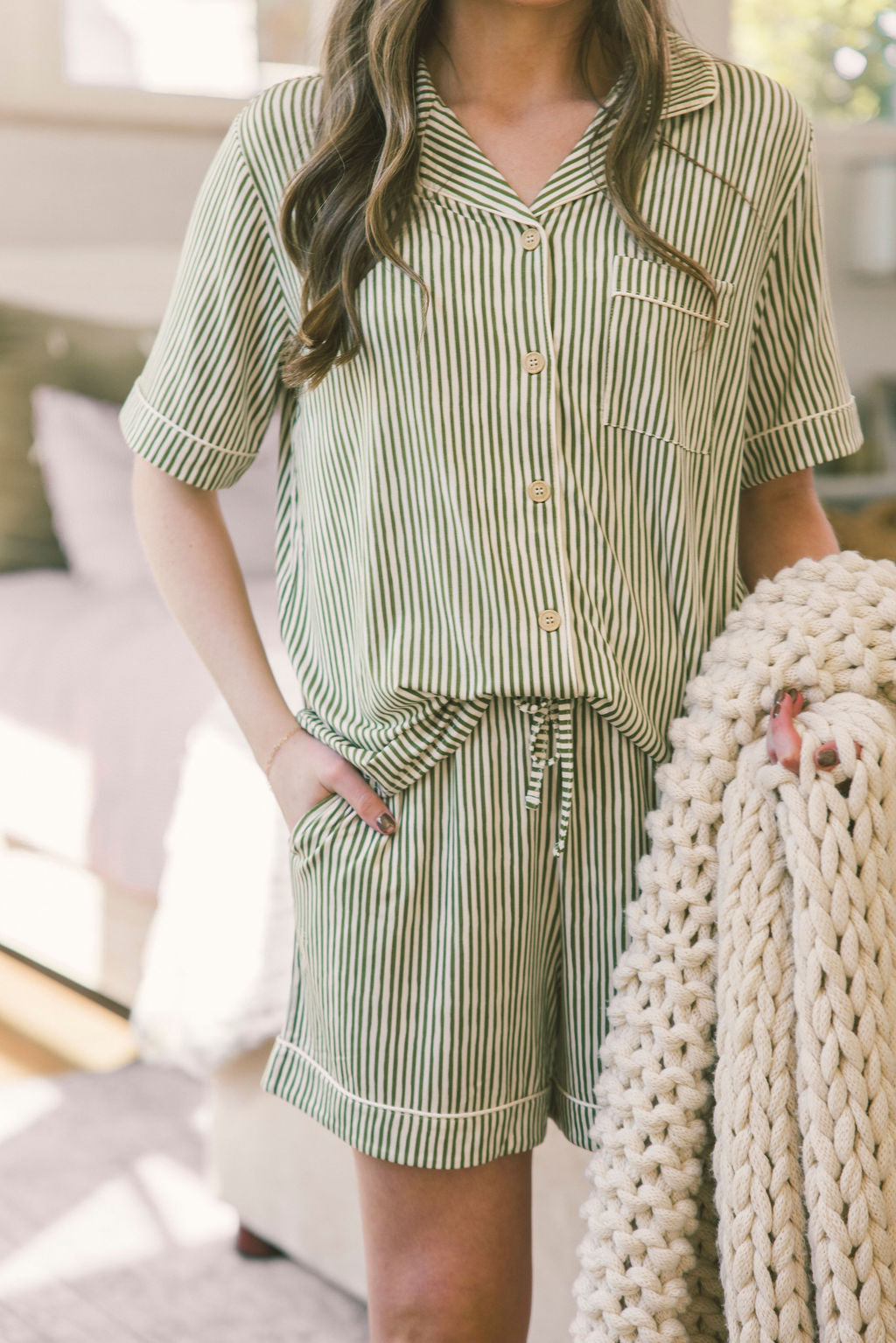 Button-Up Shorts Set | Green & Cream Vertical Stripe