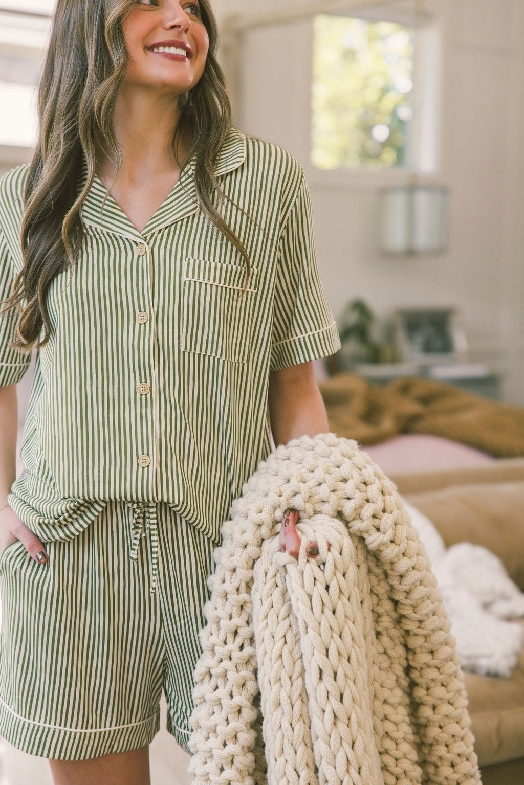 Button-up Shorts Set Modal - Green & Cream Vertical Stripe