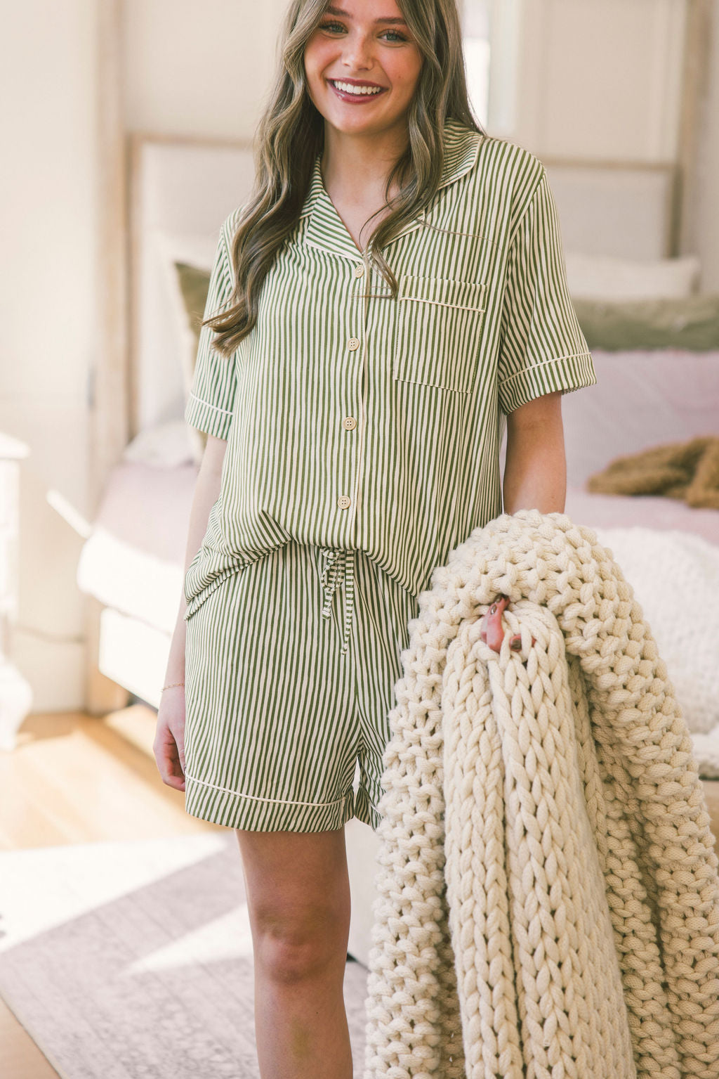 Button-up Shorts Set Modal - Green & Cream Vertical Stripe