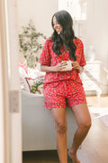 Button-Up Shorts Set - Red Christmas Floral Berries