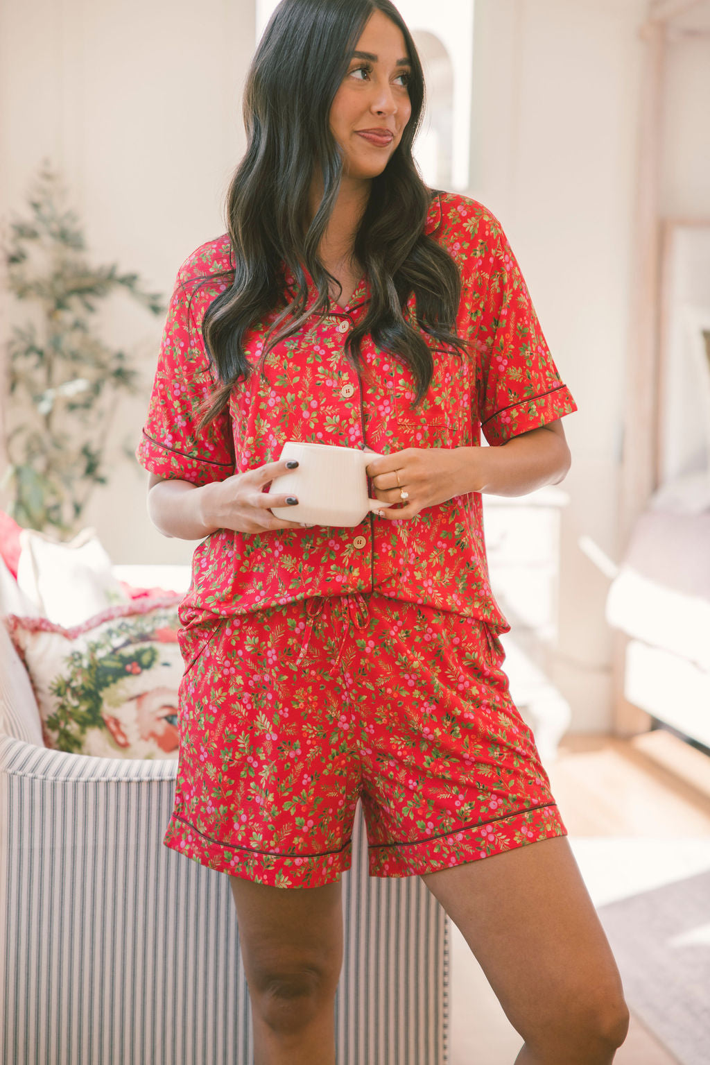Button-Up Shorts Set - Red Christmas Floral Berries