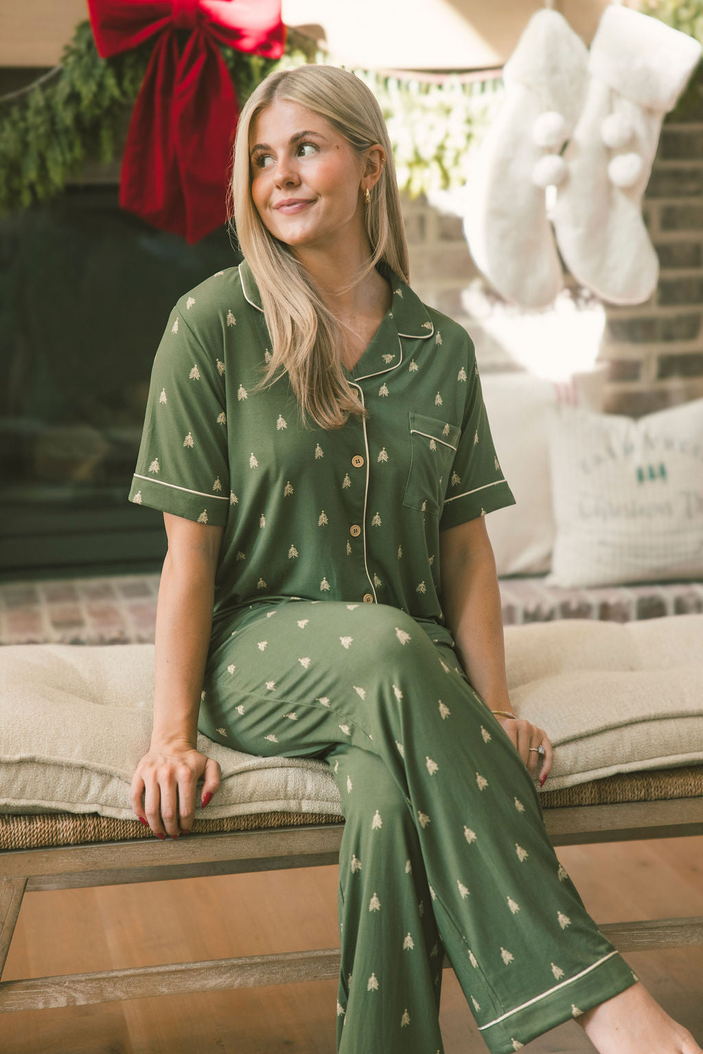 BUTTON UP SHORT SLEEVE PANTS SET MODAL - Winter Pines