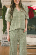 BUTTON UP SHORT SLEEVE PANTS SET MODAL -Green & Cream Vertical Stripe
