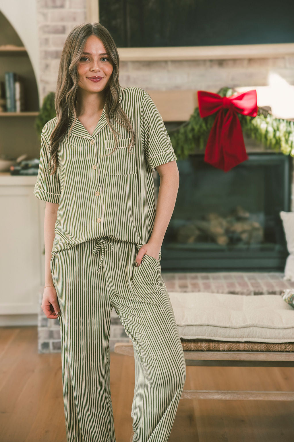 BUTTON UP SHORT SLEEVE PANTS SET MODAL -Green & Cream Vertical Stripe