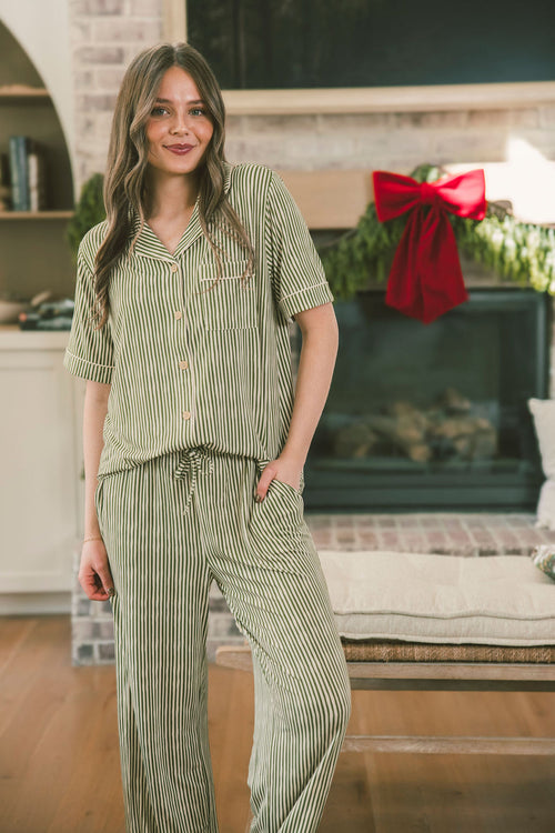 Button Up Short Sleeve Pants Set - Green & Cream Vertical Stripe