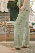 Button Up Short Sleeve Pants Set | Green & Cream Vertical Stripe
