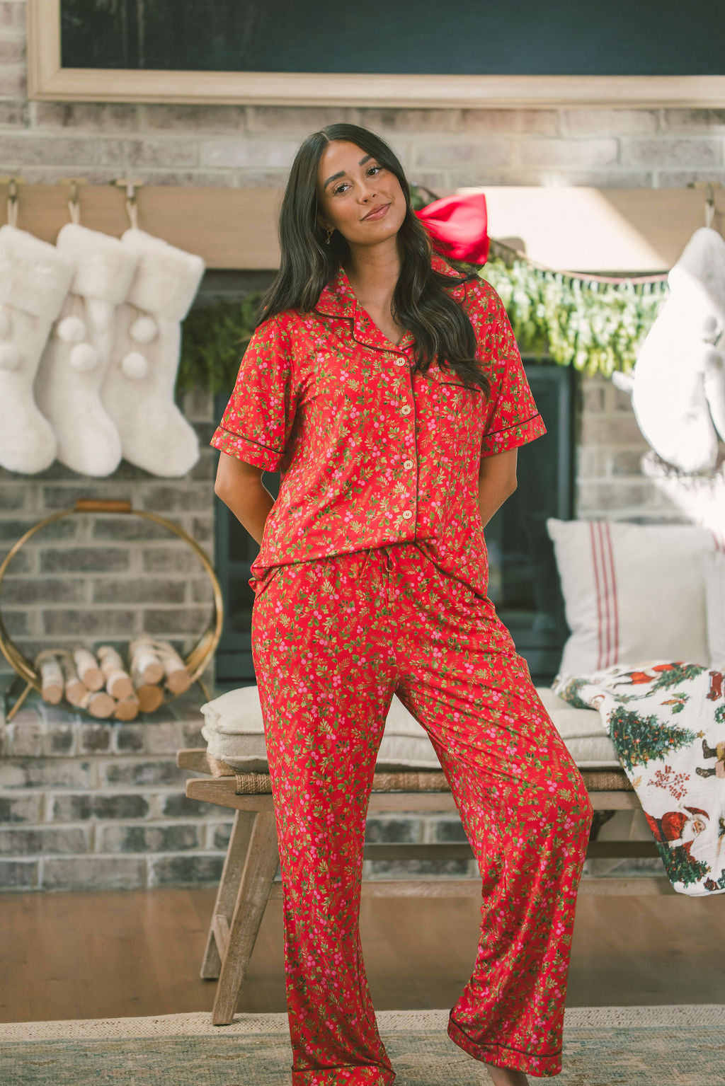 Button Up Short Sleeve Pants Set - Red Christmas Floral Berries