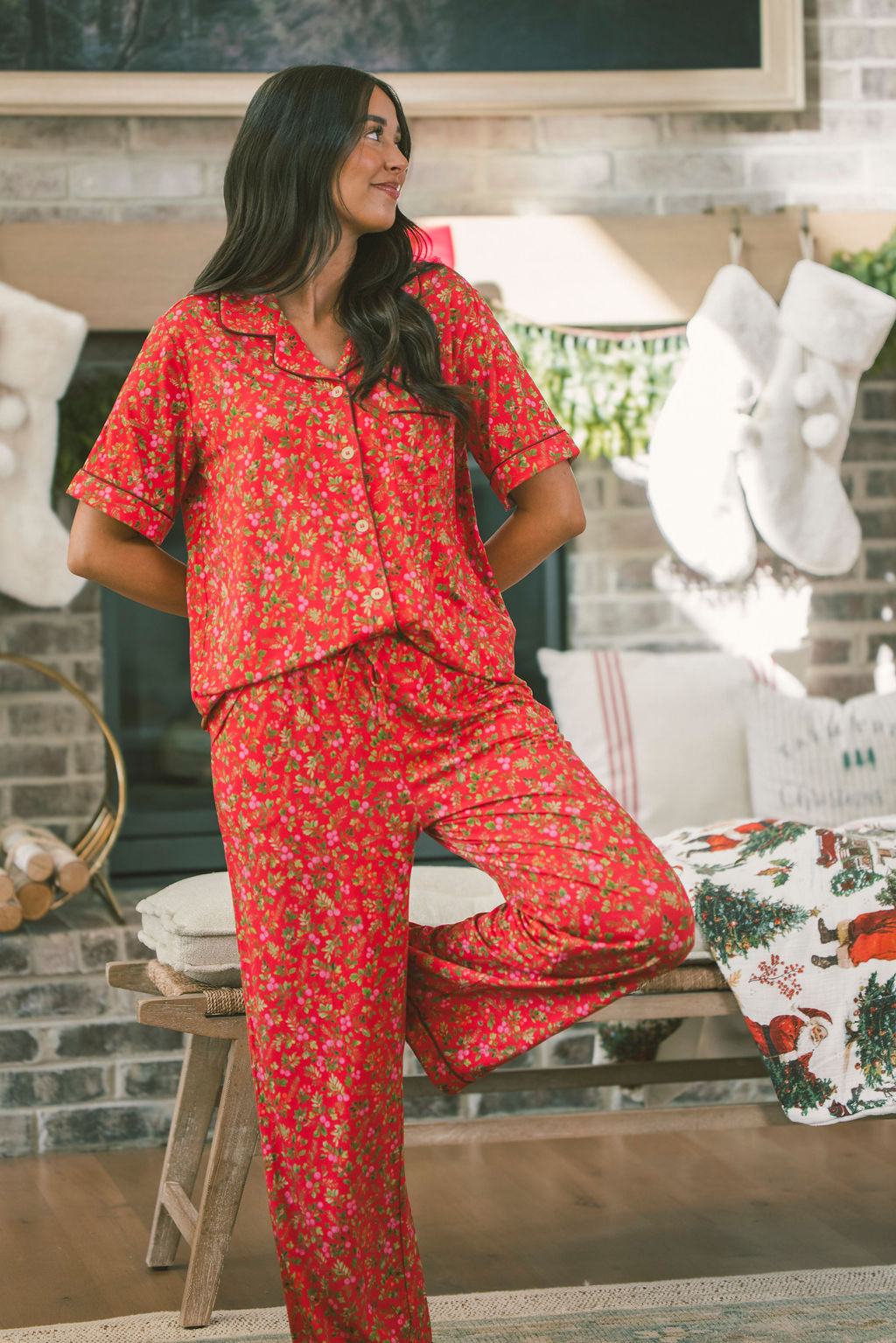 Button Up Short Sleeve Pants Set - Red Christmas Floral Berries