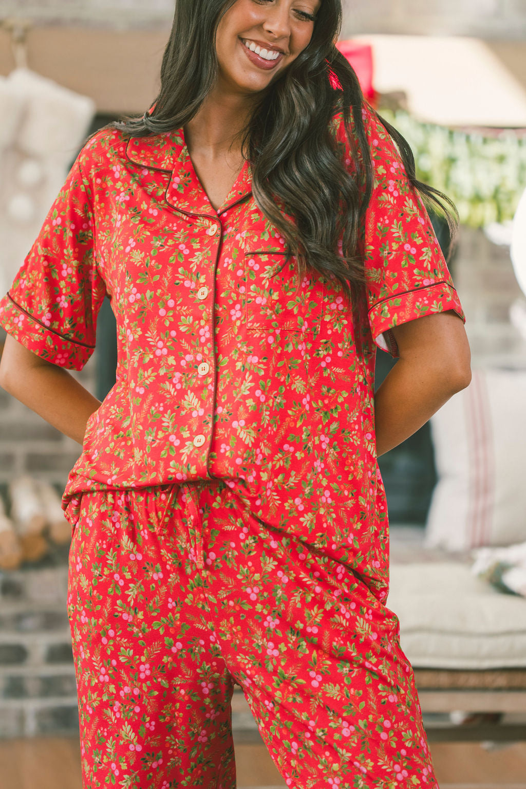 Button Up Short Sleeve Pants Set - Red Christmas Floral Berries