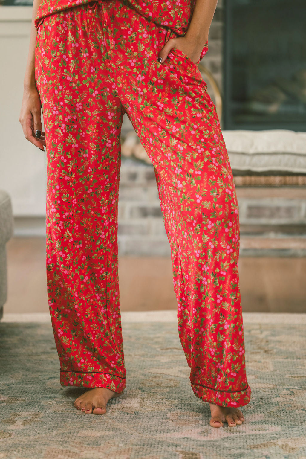 Button Up Short Sleeve Pants Set - Red Christmas Floral Berries