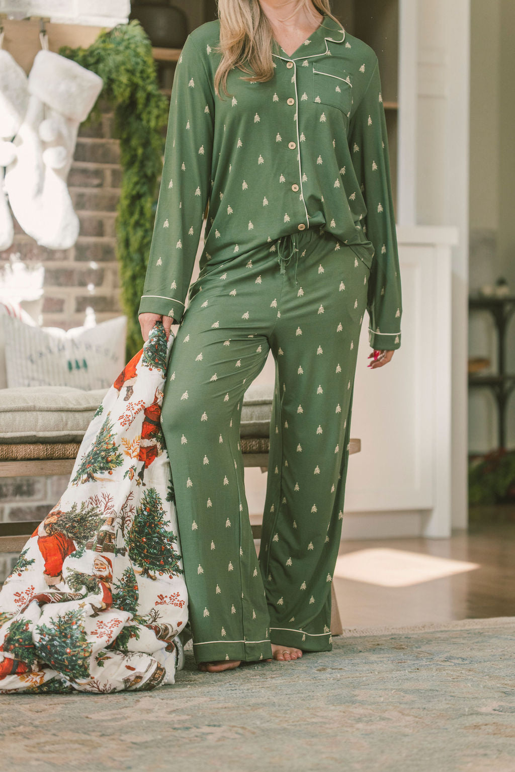 Button Up Long Sleeve Pants Set - Winter Pines