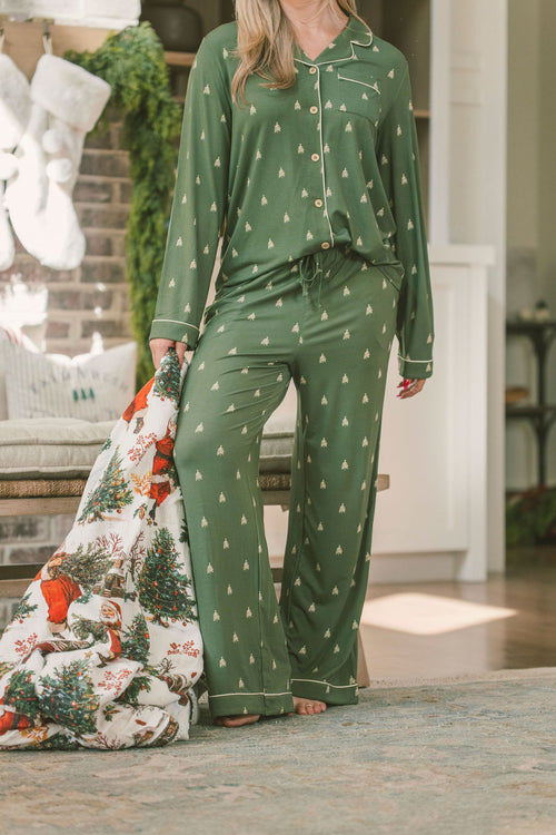 Button Up Long Sleeve Pants Set - Winter Pines