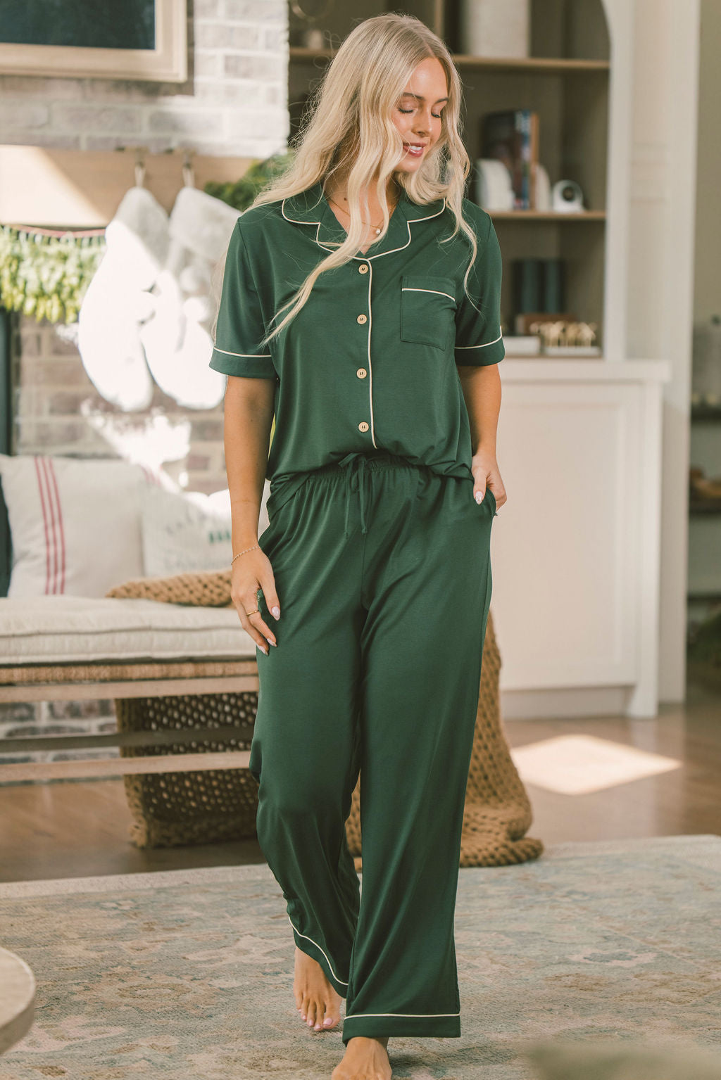 Button Up Short Sleeve Pants Set - Mountain View Green
