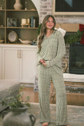 BUTTON UP LONG SLEEVE PANTS SET MODAL - Green & Cream Vertical Stripe