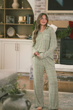 Button Up Long Sleeve Pants Set | Green & Cream Vertical Stripe