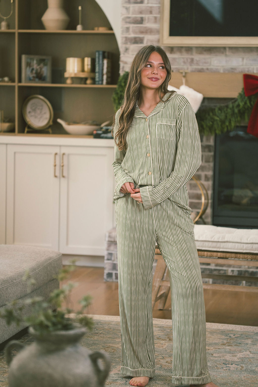 BUTTON UP LONG SLEEVE PANTS SET MODAL - Green & Cream Vertical Stripe