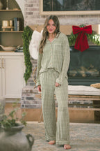 Button Up Long Sleeve Pants Set | Green & Cream Vertical Stripe