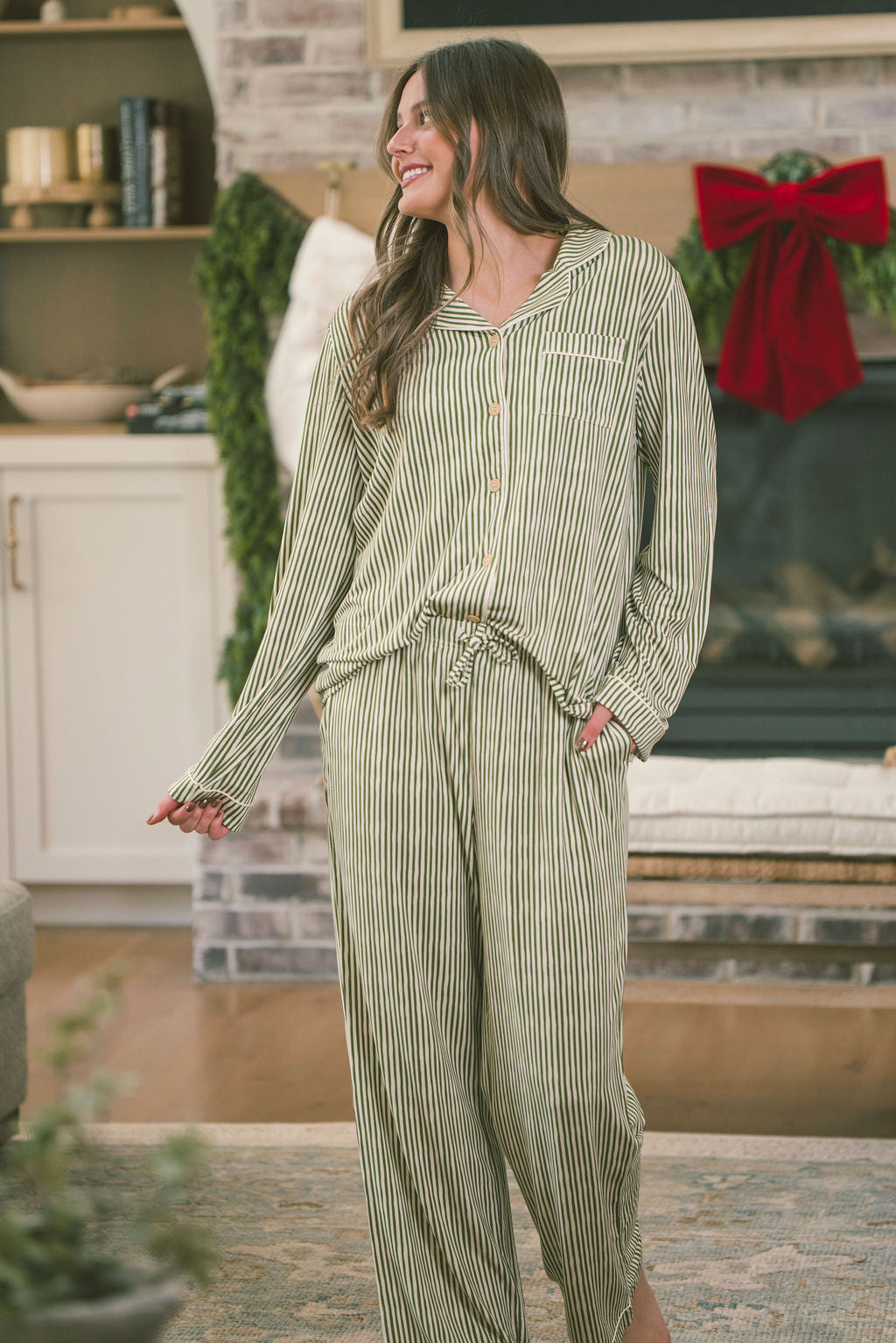 BUTTON UP LONG SLEEVE PANTS SET MODAL - Green & Cream Vertical Stripe