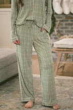 Button Up Long Sleeve Pants Set | Green & Cream Vertical Stripe