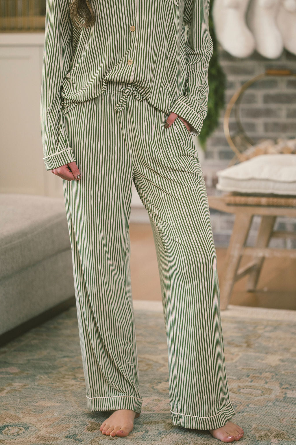 BUTTON UP LONG SLEEVE PANTS SET MODAL - Green & Cream Vertical Stripe