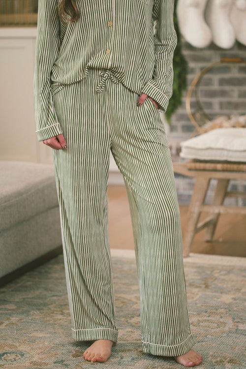 BUTTON UP LONG SLEEVE PANTS SET MODAL - Green & Cream Vertical Stripe