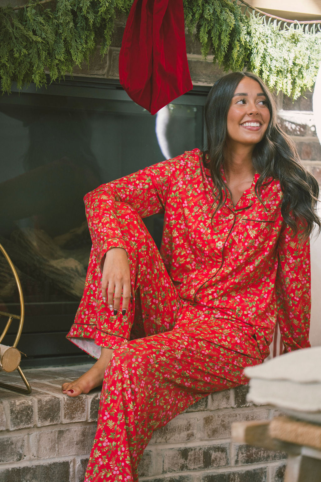 Button Up Long Sleeve Pants Set - Red Christmas Floral Berries