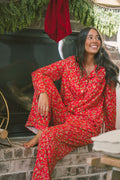 Button Up Long Sleeve Pants Set - Red Christmas Floral Berries