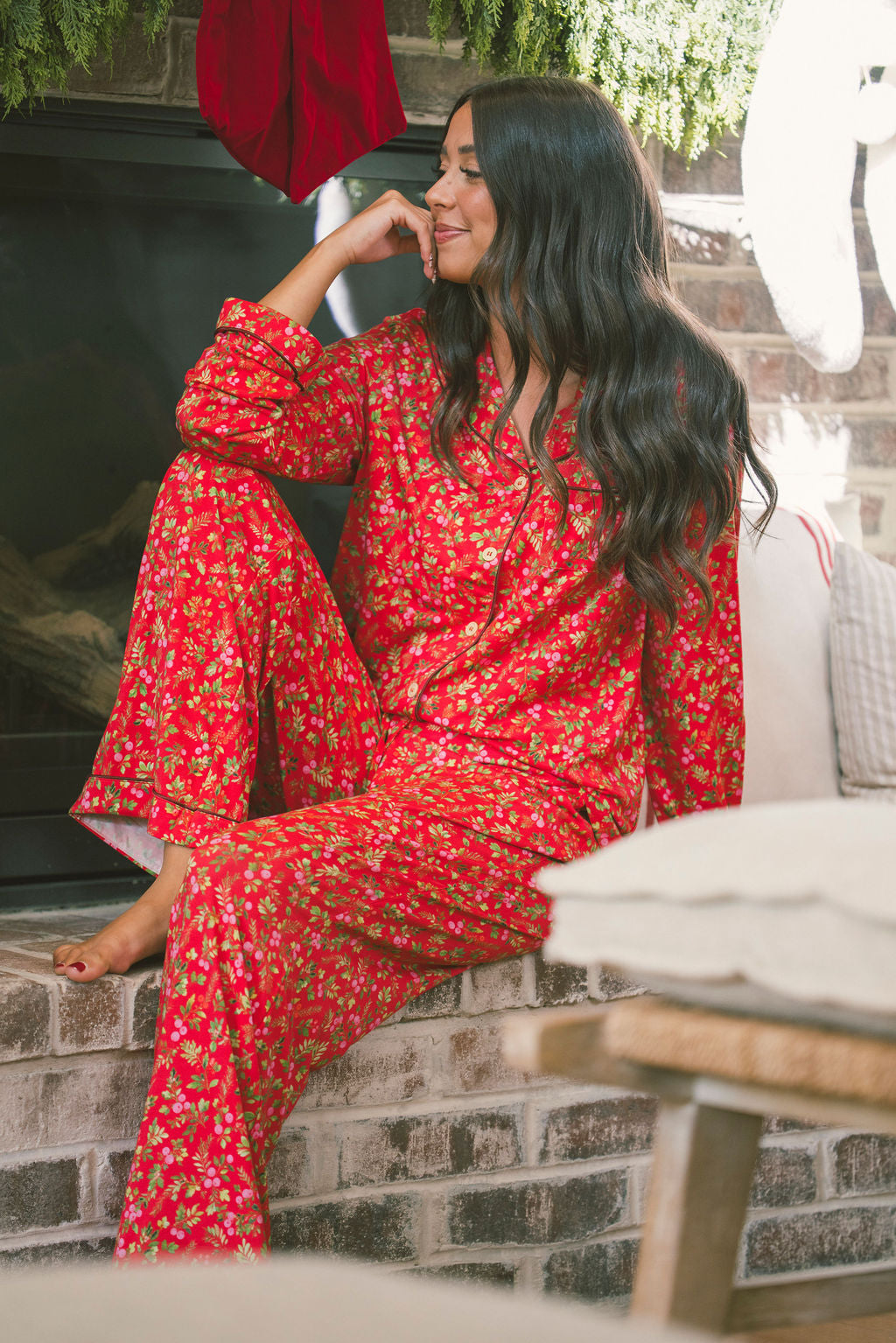 Button Up Long Sleeve Pants Set - Red Christmas Floral Berries
