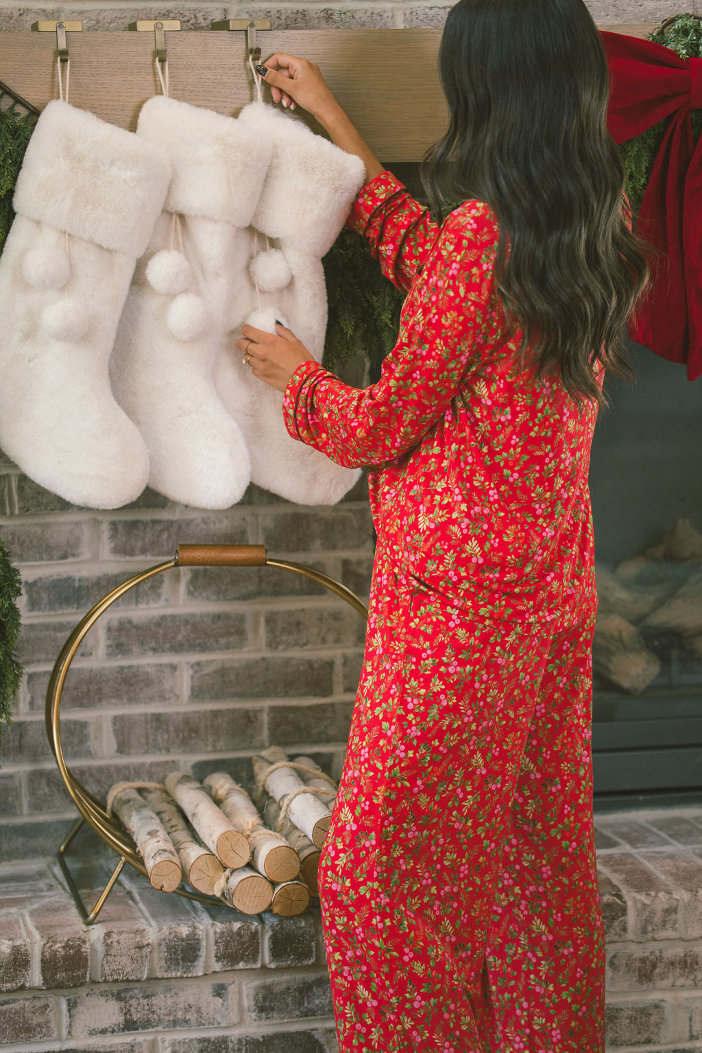 Button Up Long Sleeve Pants Set - Red Christmas Floral Berries