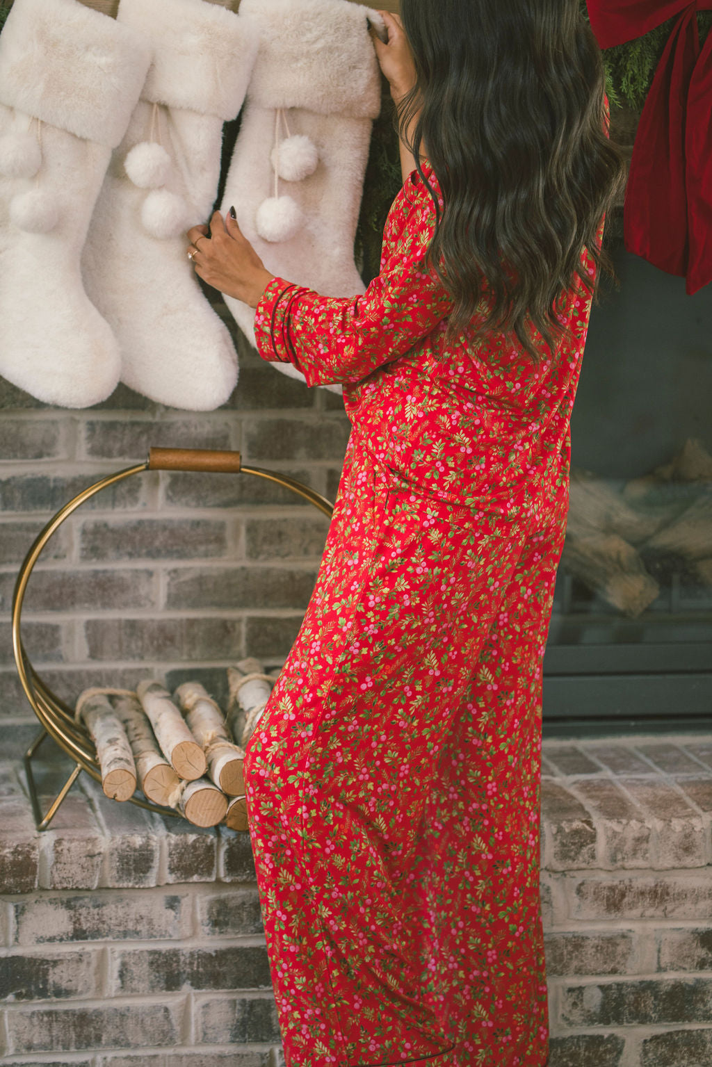 Button Up Long Sleeve Pants Set - Red Christmas Floral Berries