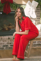 Button Up Short Sleeve Pants Set | True Red