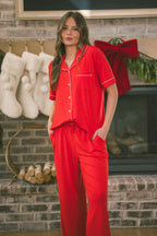 Button Up Short Sleeve Pants Set | True Red
