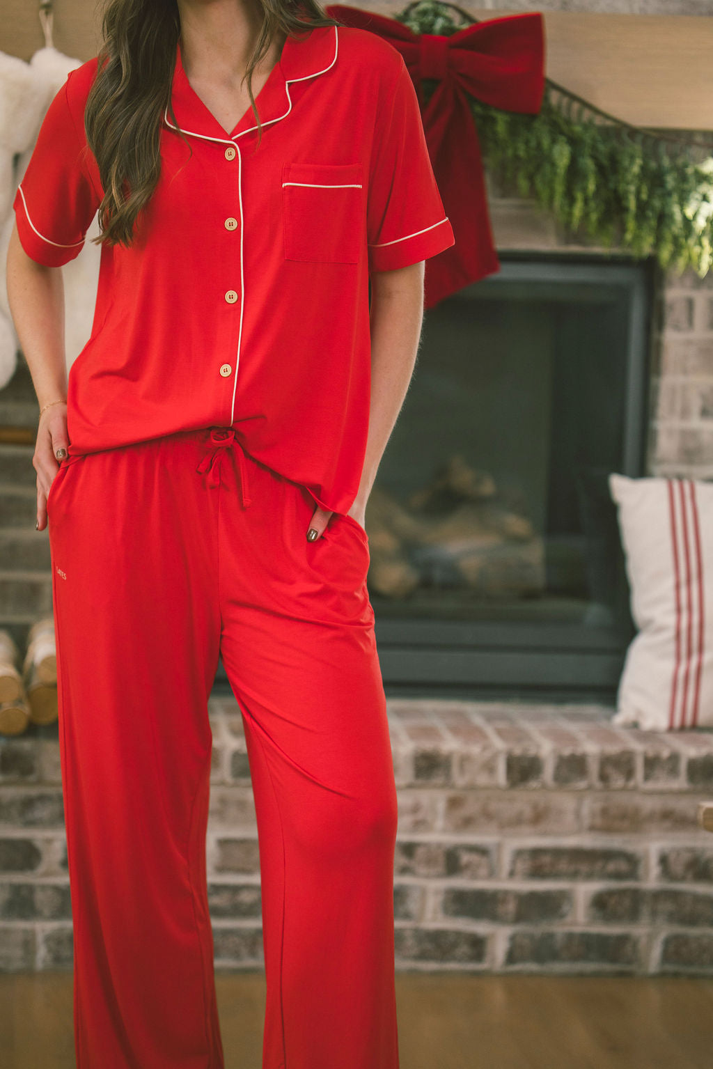 BUTTON UP SHORT SLEEVE PANTS SET MODAL - True Red