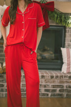 Button Up Short Sleeve Pants Set | True Red
