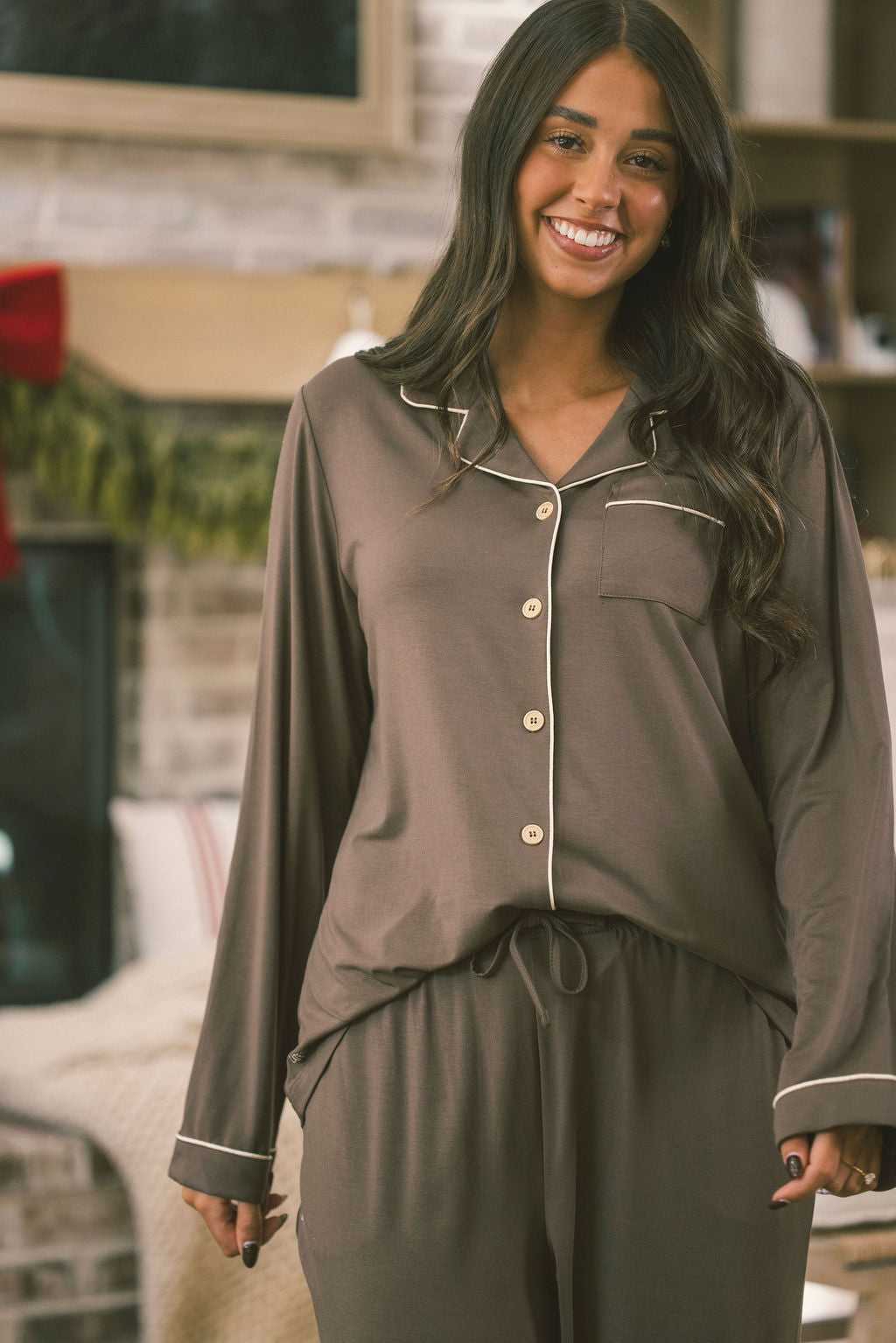BUTTON UP LONG SLEEVE PANTS SET MODAL -Chocolate