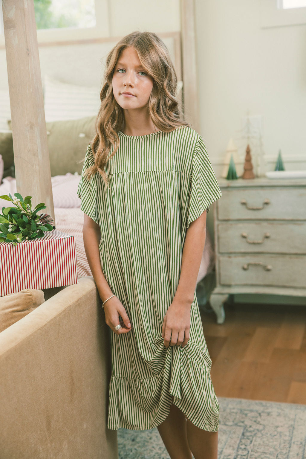 LITTLE LATES DRESS -Green & Cream Vertical Stripe